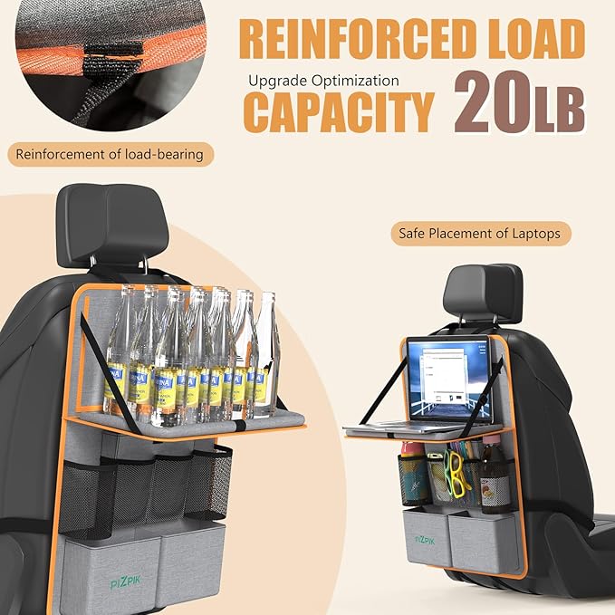 Car Backseat Organizer with Tablet Holder,11 Storage Pockets with Foldable Food Tray, Protector Kick Mats for Kids, Travel Accessories Organizer (Orange, 2Pack with Food Tray)