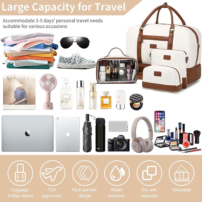 Wogarl Weekender Bags for Women Large Canvas Overnight Bag Travel Duffel Bags Carry on Shoulder Weekend Bag with Shoe Compartment for Travel Night Flight Daily Use