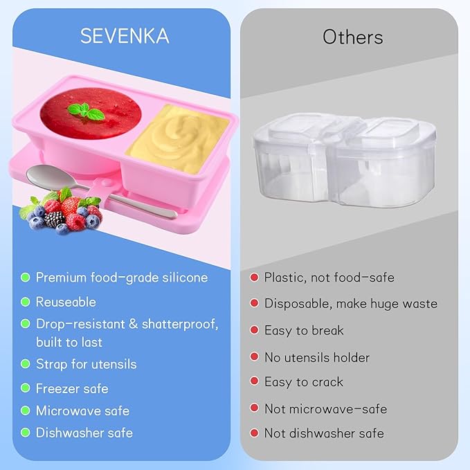 SEVENKA 3 Reuseable Silicone Snack Containers with Lids, Small Double Compartment Snackle Bento Box, Leakproof Sauce & Salad Dressing Containers for Travel, Office, Picnic, Dishwasher Safe