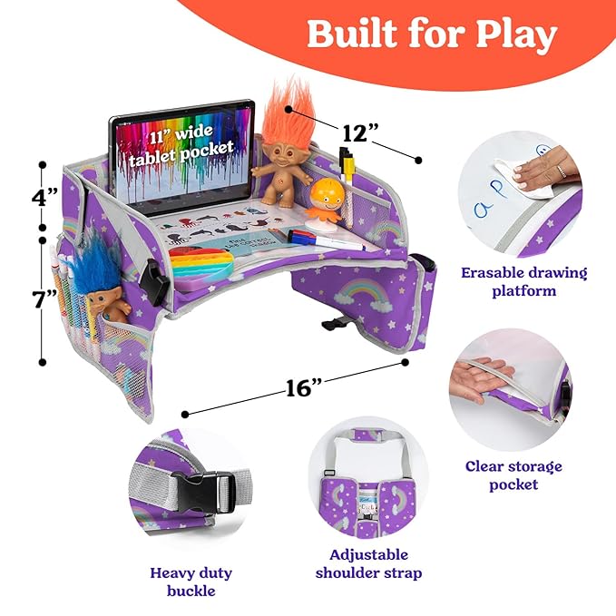 PILLANI Kids Travel Tray for Car - Car Seat Tray for Kids Travel, Road Trip Essentials Must Haves - Carseat Table Roadtrip Activities - Toddler Lap Desk Organizer for Airplane - Kids Travel Essentials