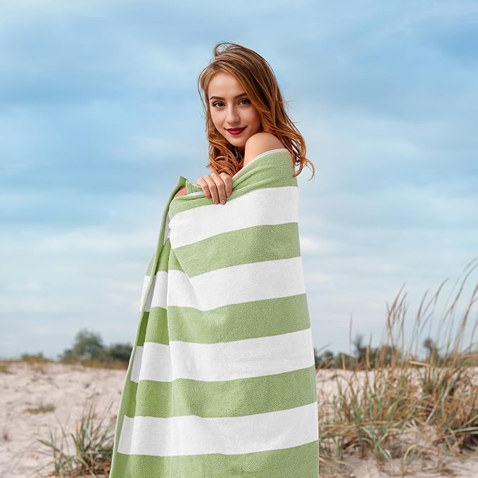 Cotton Oversized Beach Towel - 40 x70 Inch Extra Large Striped Pool Towel, Big Soft Terry Cloth Sage Green Cabana Swim Towel