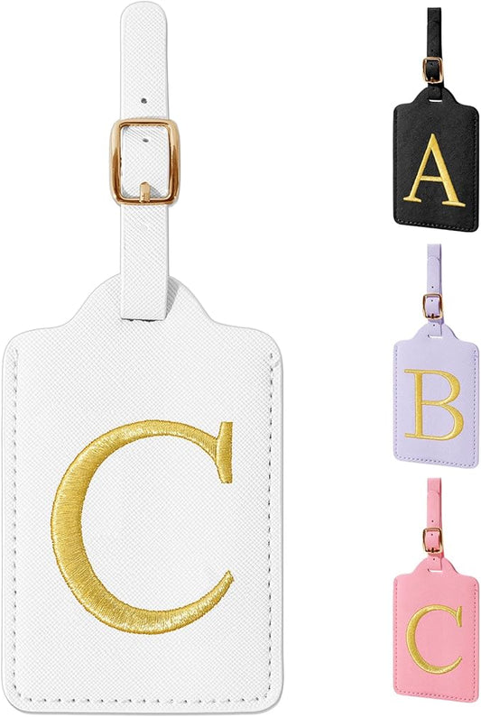 Personalized Initial Luggage Tags for Suitcase TSA Approved, White Leather Cute Luggage Tag with Privacy Cover Name Card, Embroidered Custom Luggage Tags Travel Baggage Tags Gifts for Women Kids(C)