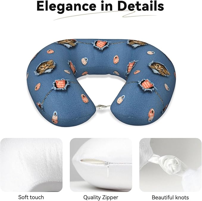 Travel Neck Pillow for Pain Relief Sleeping, Cute Cat Patterns Printed, Comfortable Memory Foam Chin Head Cushion Support with Zip Cover, Fashion Car Flight Pillows