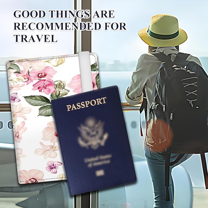 Passport Holder for Travel Essentials, RFID Premium Leather Passport Wallet Cover Case for Travel Must Haves Accessories, Passport Book Holders for Women Men White Colorful Flowers