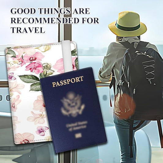 Passport Holder for Travel Essentials, RFID Premium Leather Passport Wallet Cover Case for Travel Must Haves Accessories, Passport Book Holders for Women Men White Colorful Flowers