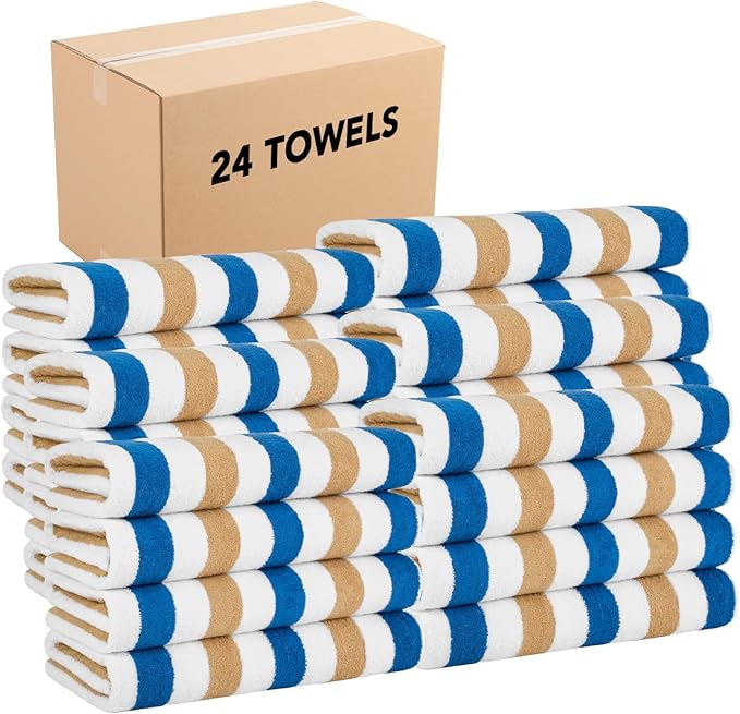 Arkwright Cabo Cabana Stripe Beach Towel Bulk - Case of 24 - Large Soft Quick Dry Cotton Terry Towels for Pool, Swim, and Hot Tub, Oversized 30 x 70 in, Royal Blue/Café Ole