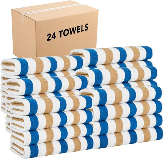 Arkwright Cabo Cabana Stripe Beach Towel Bulk - Case of 24 - Large Soft Quick Dry Cotton Terry Towels for Pool, Swim, and Hot Tub, Oversized 30 x 70 in, Royal Blue/Café Ole
