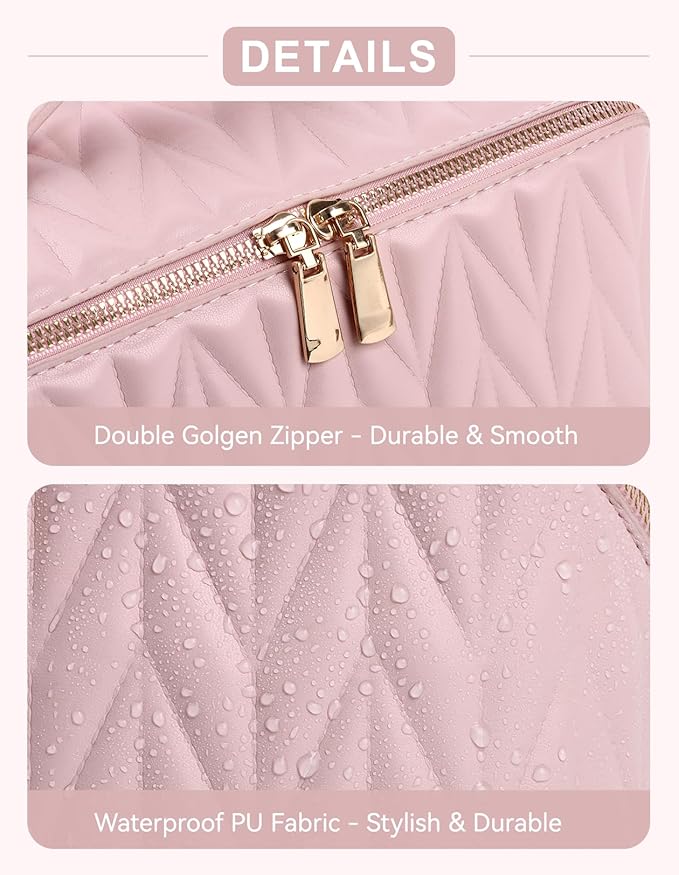 Travel Makeup Bag for Women, Large Capacity Cosmetic Bags for Girls, Compact Pouch Make up Organizer, Waterproof Toiletry Bag with Divider and Handle (Pink)