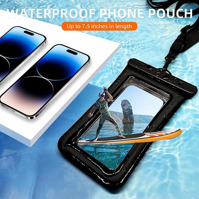 IPX8 Floating Waterproof Dry Bag 2-Pack, 7.2 Inch Waterproof Phone Pouch for iPhone 16/15/14 Pro Max Galaxy S24/S23 Adjustable Lanyard + Wrist Strap Beach Swimming Travel Essentials Black