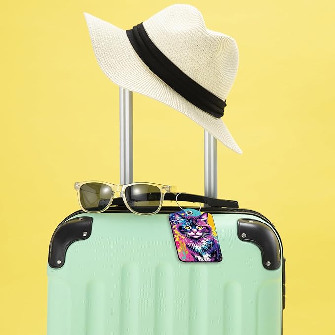 2 Pack Luggage Tags for Suitcase,PU Leather Travel Cruise Luggage Tag with Privacy Cover,Name ID Label and Steel Ring,Travel Essentials for Women Men (Cat with Abstract Beauty)