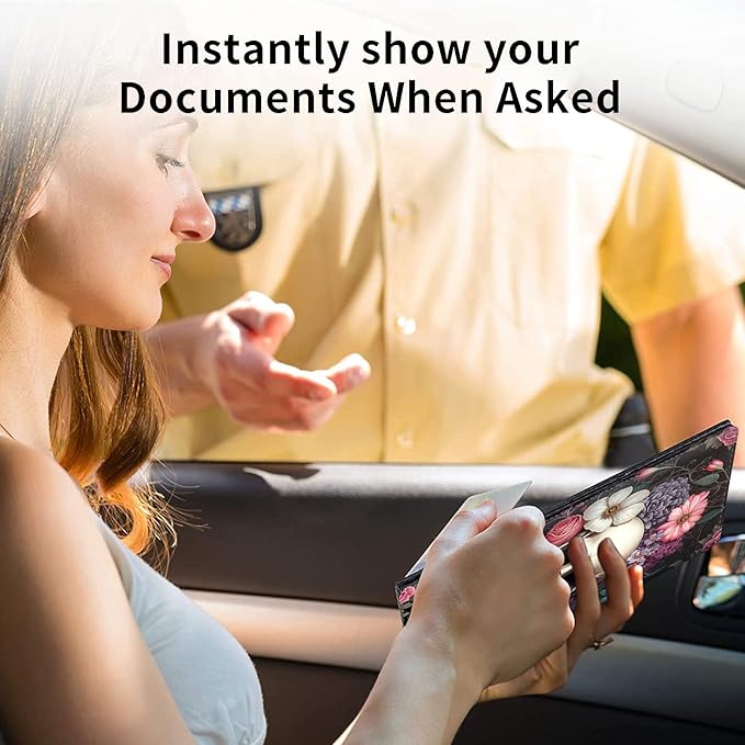 Car Registration & Insurance Holder, Leather Glove Box Organizer, Cool Accessories for ID, Driver's License Cards & Essential Documents, Men & Women's Business Cards, Rose Skull Flower