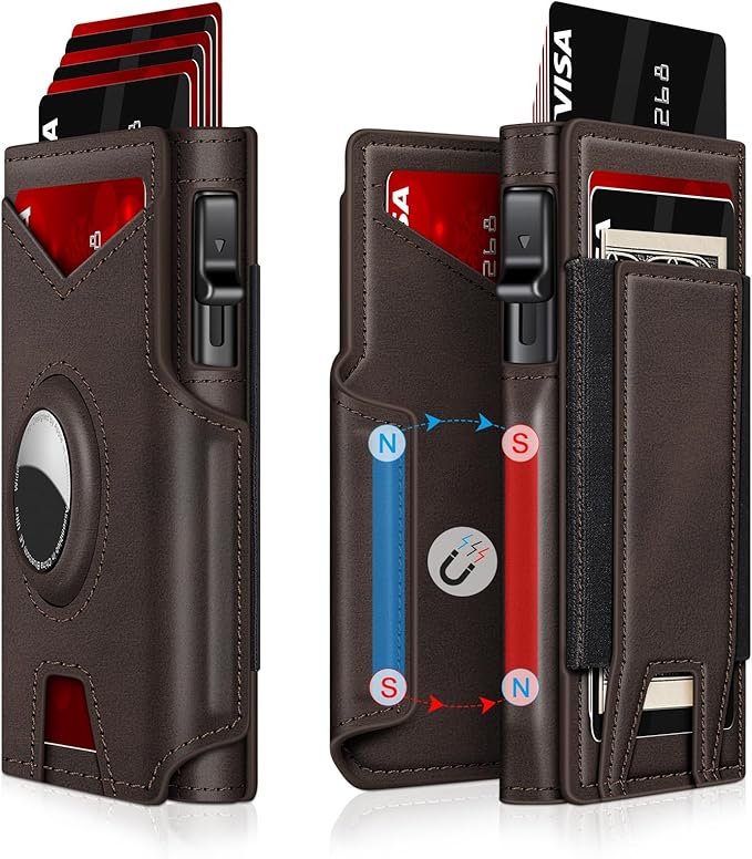 Airtag Wallet for Men, Minimalist Slim Mens Wallet Smart Pop Up Credit Card Holder for 9-13 Cards, RFID Blocking Wallet with ID Window & Cash Slot, Compact Bifold Metal Aluminum Card Case