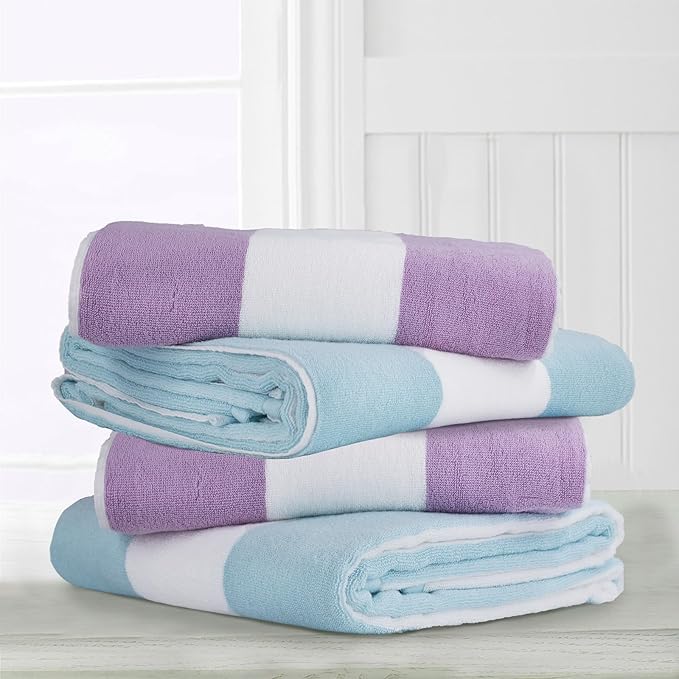 CLOWOOD Plush Oversized Beach Towel - Cotton 40 x 70 Inch Large Thick Purple Striped Cabana Pool Swimming Towel