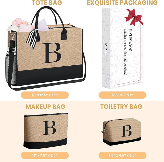 BAGAIL Initial Tote Bag, Personalized Birthday Gifts for Women, Teacher, Friends, Mom, Wedding, Monogrammed Beach Bag