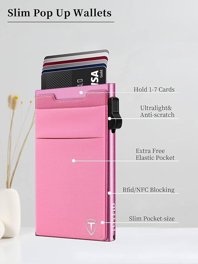 Slim Front Pocket Wallet,Pop Up Card Holder Wallets for Men and Women Aluminum Compact Wallets with RFID Blocking,Small Ultralight 6-12 Card Capacity Metal Wallets,Pink