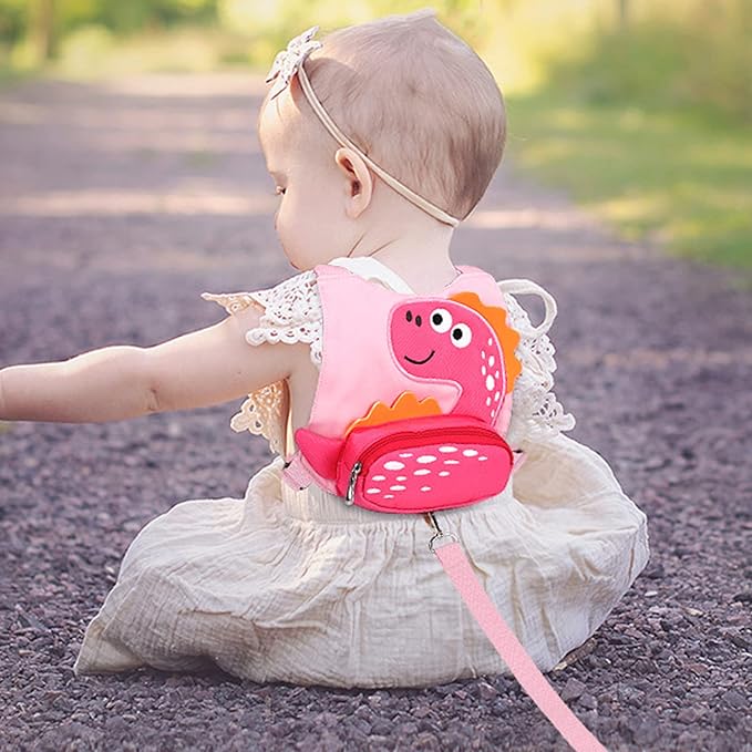 Toddler Leash Harness + Anti Lost Wrist Link, Accmor Cute Dinosaur Kids Harnesses with Leashes,3 in 1 Baby Walking Wristband Child Outdoor Anti-lsot Tether Rope Reins for Chidren Girls (Pink)