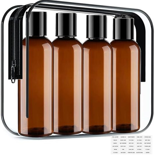 Toiletry Travel Bottles, 4Pack 3.4oz/100ml - Squeezable Plastic Containers with Flip Caps - Refillable Cosmetic Kit for Shampoo, Conditioner, Lotion, and Travel Essential- Brown