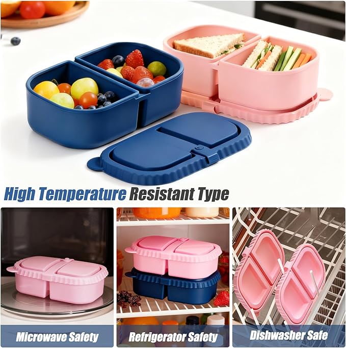 2 Pack Reusable Silicone Snack Containers With Lids, 8.5oz Two Compartment Snack Container, Snack Containers With Lids, Leakproof Snackle Boxes For Travel, Picnics (Blue, Pink)