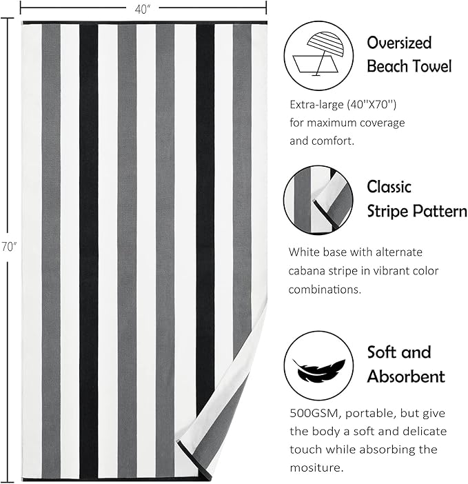 Cotton Oversized Beach Towel - Extra Large 40"X70" Plush Thick Mens Beach Towels, XL Fluffy Stripe Pool Towels Charcoal Gray Swimming Towel for Adults Mens Women
