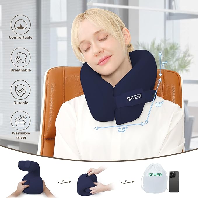 2in1 Ergonomic Memory Foam Travel Neck Pillow – 2025 Upgrade Travel Pillow for All Sleep Positions on Flights, Road Trips, and Long Distance Travel with Drawstring Bag (Adjustable - Navy Blue)