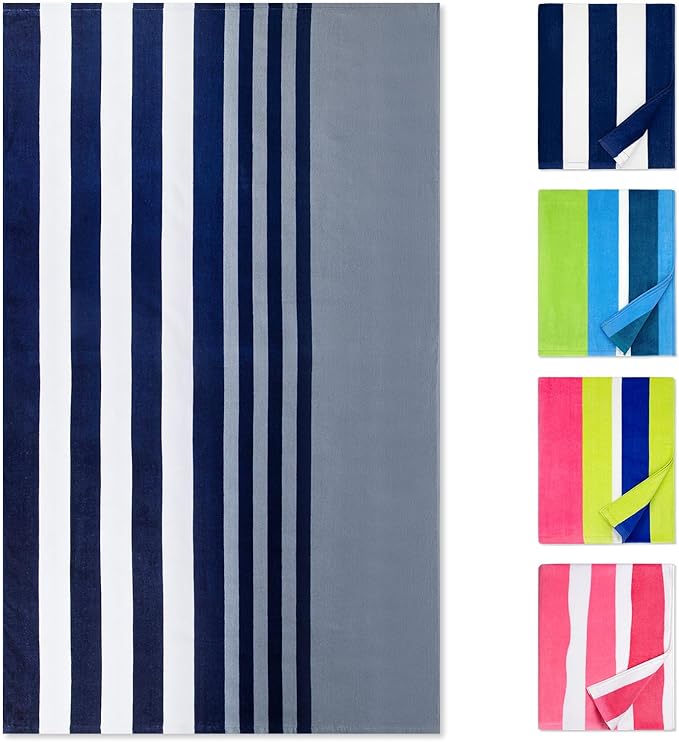 cabanana Large Beach Towel Oversized - Cotton Velour 35 x 70 Inch Blue Grey Striped Terry Pool Towel, Cabana Soft Swimming Towel for Adults Women Men (Navy Grey)
