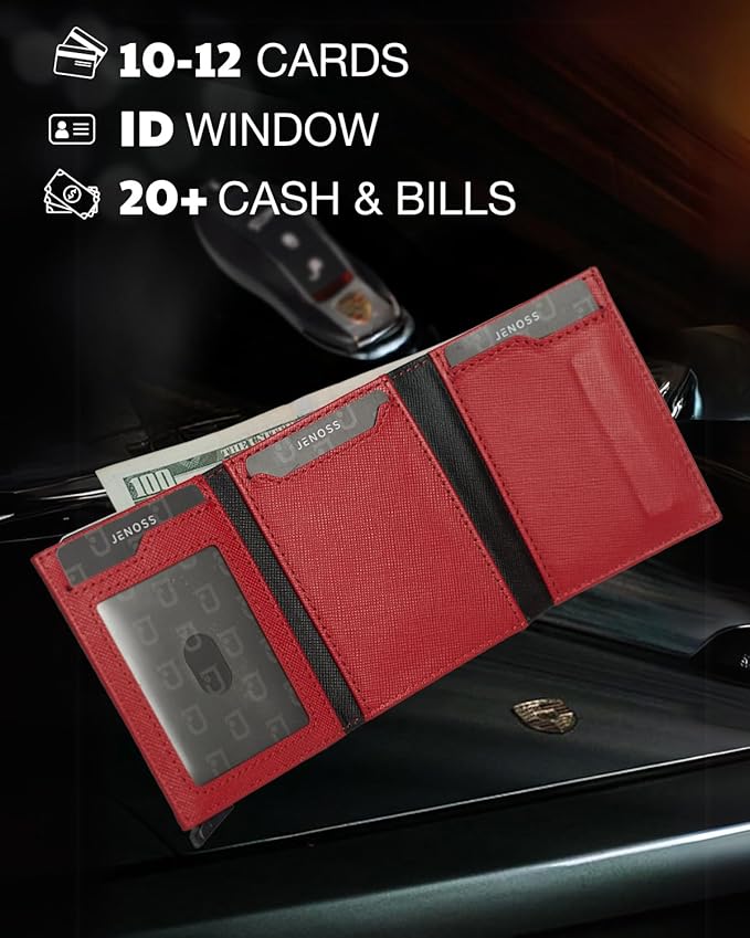 Jenoss Smart Wallet For Men & Women: Full Grain Leather, Handcrafted, Slide Metal Pop Up Case, Slim RFID Blocking Credit Card Holder Minimalist Compact 12 Cards Slot Organizers ID Clip (Red & Silver)