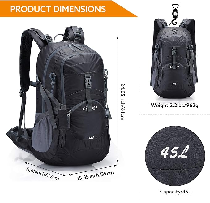G4Free 45L Hiking Travel Backpack Waterproof with Rain Cover, Outdoor Camping Daypack for Men Women (Black)
