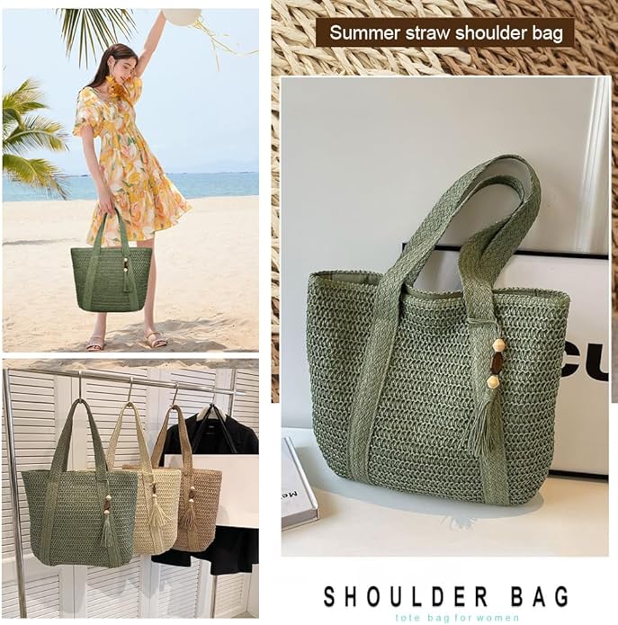 Straw Beach Bags for Women Woven Beach Tote Bag Casual Boho Large Shoulder Handbags Purse for Vacation Holiday