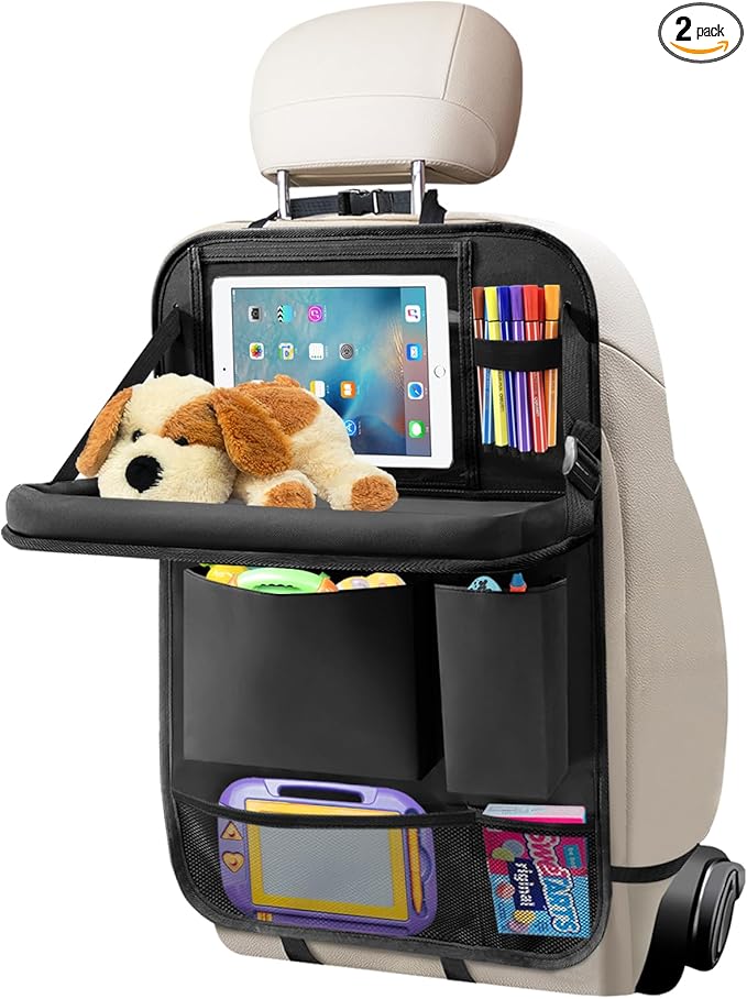 Etre Jeune Car Backseat Organizer with Tablet Holder, 6 Storage Pockets Seat Back Protector with Foldable Tray, Kick Mats Back Seat Cover for Kids Toddlers, Travel Accessories, 1 Pc