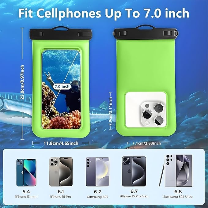 Floatable Soap Bubble Waterproof Phone Pouch Case with Crossbody Lanyard for iPhone 17 series 16 Pro Max/15 Pro/14/13, IP68 Cellphone Dry Bag Beach Cruise Ship Essential,1 Pack-Light Green-7″