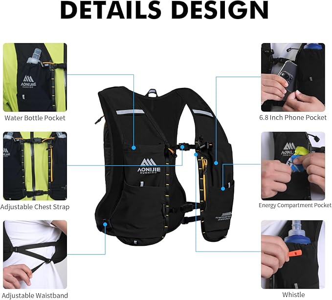 AONIJIE Running Hydration Vest for Men & Women, 8L Hydration Backpack, Multiple Pocket Designs for Water Bottles/Bladders, Lightweight Breathable for Hiking, Climbing, Marathon & Cycling - Green