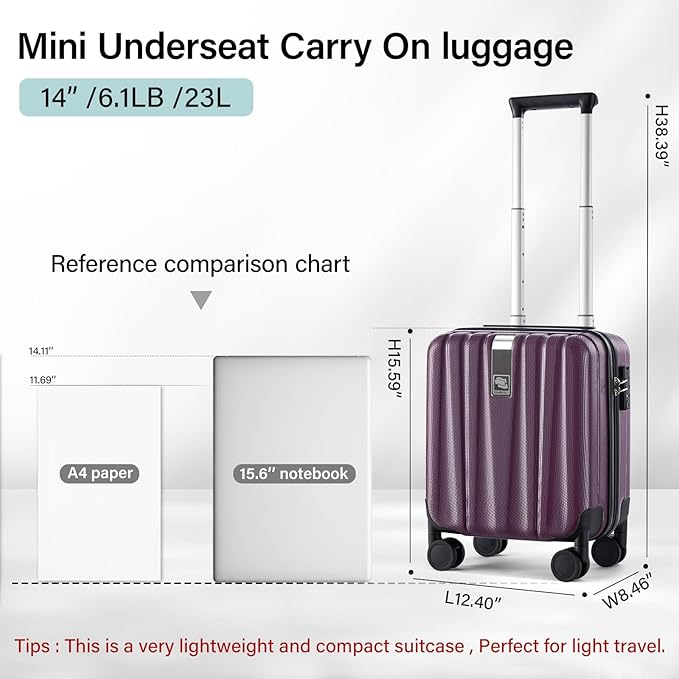 Hanke 14 Inch Underseat Carry On Luggage with Wheels Hard Shell Suitcases Lightweight Small Luggage for Weekender Mini Suitcase Carry On Bag Travel Luggage for Travel Rolling Suitcase.(Purple)