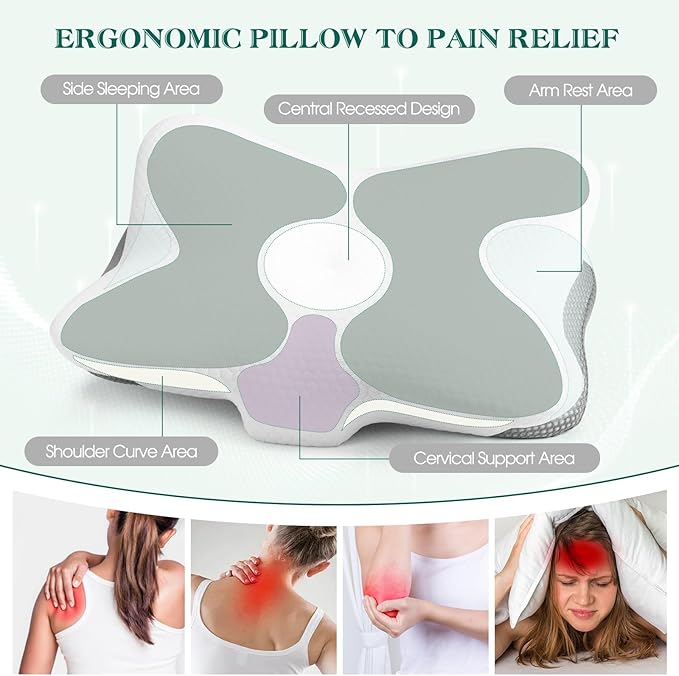 Cervical Pillow for Neck and Shoulder Support - Ergonomic Memory Foam Orthopedic Cervical Pillows with Removable Cover & Adjustable Heights for Side Back Stomach Sleepers (White)