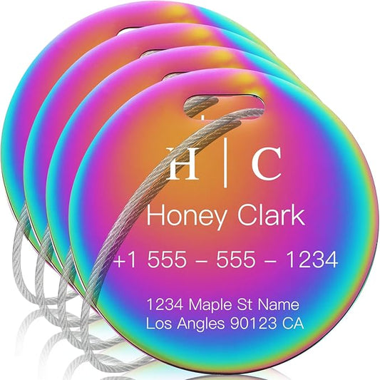 Stainless Luggage Tags for Suitcases 4 Pack: Metal Personalized Luggage Tags for Backpacks & Bags with Customizable Texts (Rainbow)