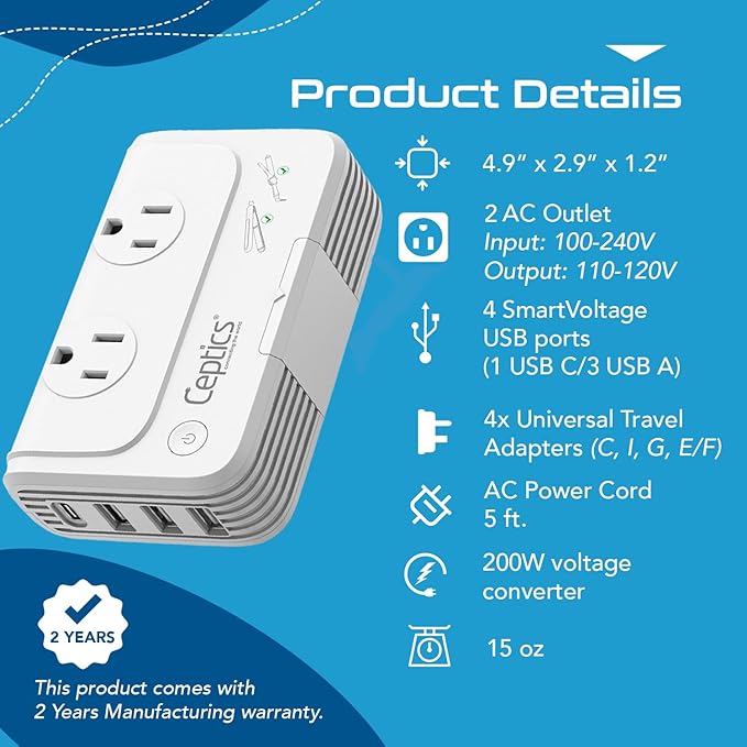 Ceptics 200W 220v to 110v converter, Step Down Voltage Converter for Curling Iron, Straightener, Charger, Travel Adapter and Voltage Converter, 3 USB-A, USB-C PD 18W, Type C, E/F, G, I, Plugs included