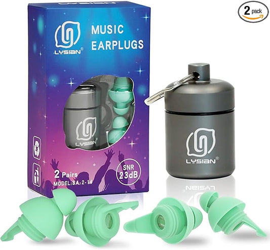 LYSIAN High Fidelity Concert Ear Plugs for Music Reusable-2 Pairs Pack Musicians Earplugs for Noise Cancelling, Concert Festivals, Drummers, DJS, Raves, Games -23dB