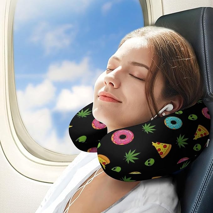 Travel Neck Pillow Memory Foam U Shaped Cushion Alien Donut Pot Leaf Weedleaf Pizza Black, Washable Cover for Airplane Car Office Home Sleeping Pain Relief