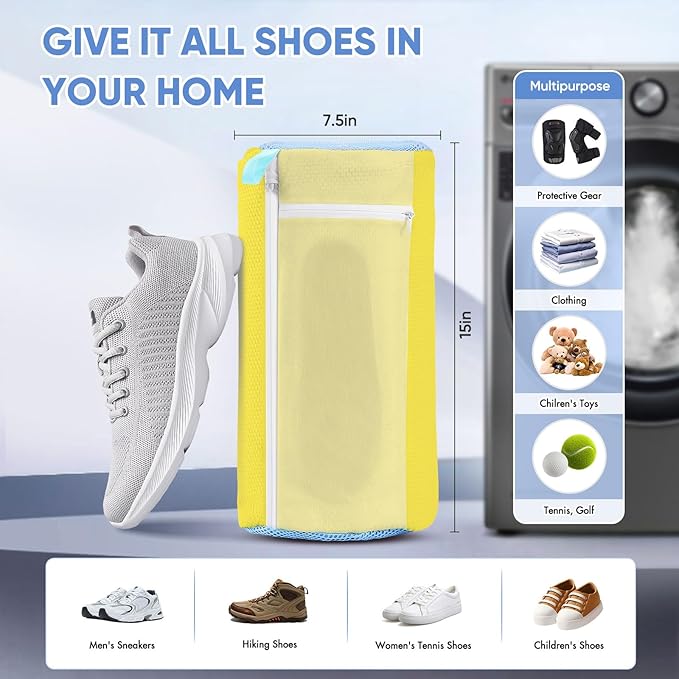 Shoe Bag for Washing Machine - Reusable Sneaker Tennis Shoes Cleaner Bag with Laces & Insoles All-in-One Cleaning Pockets No Tangling, Home Travel Laundry Shoe Bag w/Shoe Trees Keep Shape, Yellow 2pcs