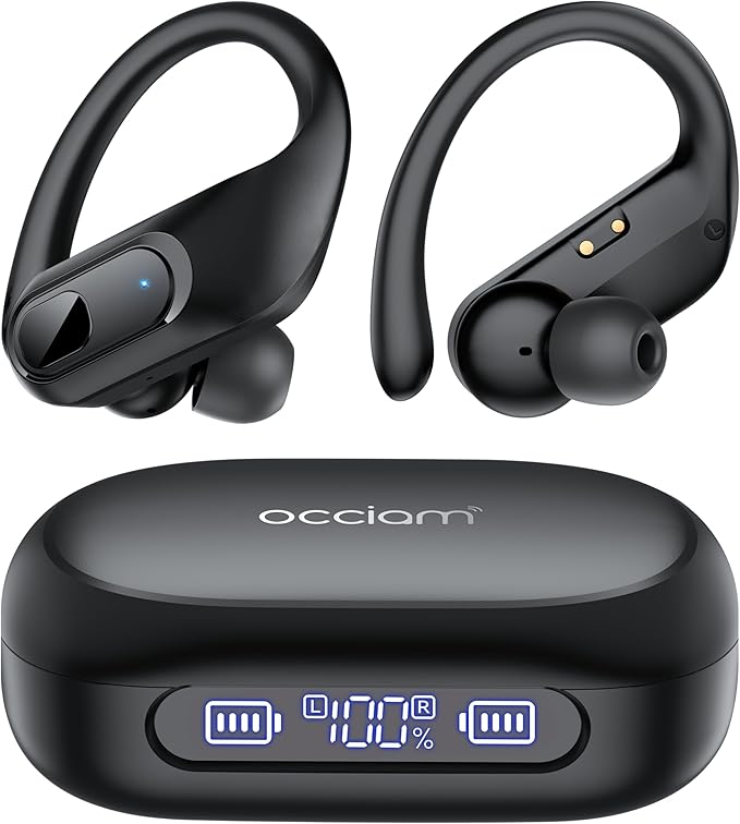 occiam Active Noise Cancelling Wireless Earbuds Bluetooth Headphones Ear Buds 96Hrs Playback Clear Call Waterproof Earphones with Ear Hook Microphones for Sport Running (Black AI Buds Pro)