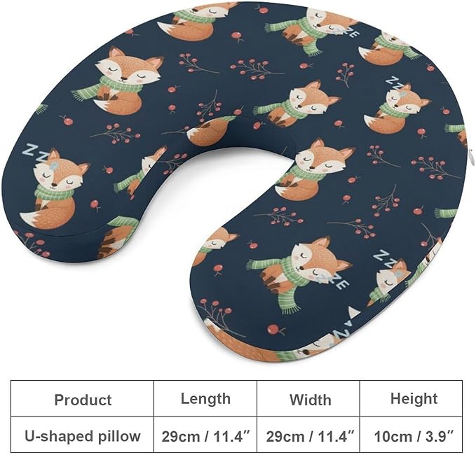 Women’s Travel Pillow U-Shaped Memory Foam Neck Rest, Cute Fox U-Shape, Washable Airplane Car Support