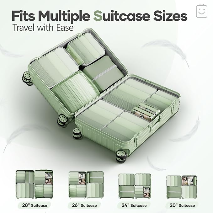 Veken 11 Set Compression Packing Cubes for Travel Essentials,Compressible Expandable Large Luggage Suitcase Organizer Bags for Clothing,Durable Space Saver Storage Bags(Matcha Green)