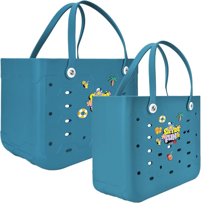 2-Piece Tote Bag Set, Waterproof Rubber Beach Bag with Summer Pattern, Medium & Large Handbag for Pool, Beach, Boat