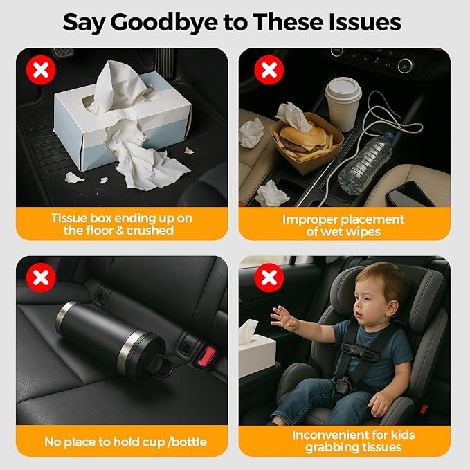 Car Tissue Holder,Back Seat Organizer with Cup Holder,Multifunctional Car Headrest Seat Back Storage,Snack Organizers for Kids,Large Tissue Box Cover Fit for 100-130 Regular Size Tissues