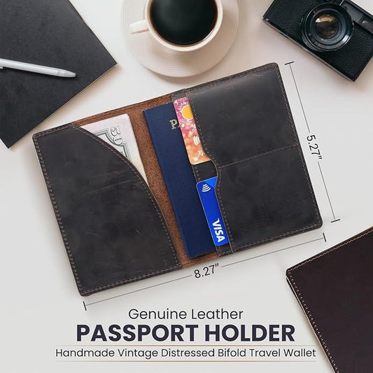 Retro Travel Genuine Leather Passport Holder with Folding Wallet Design