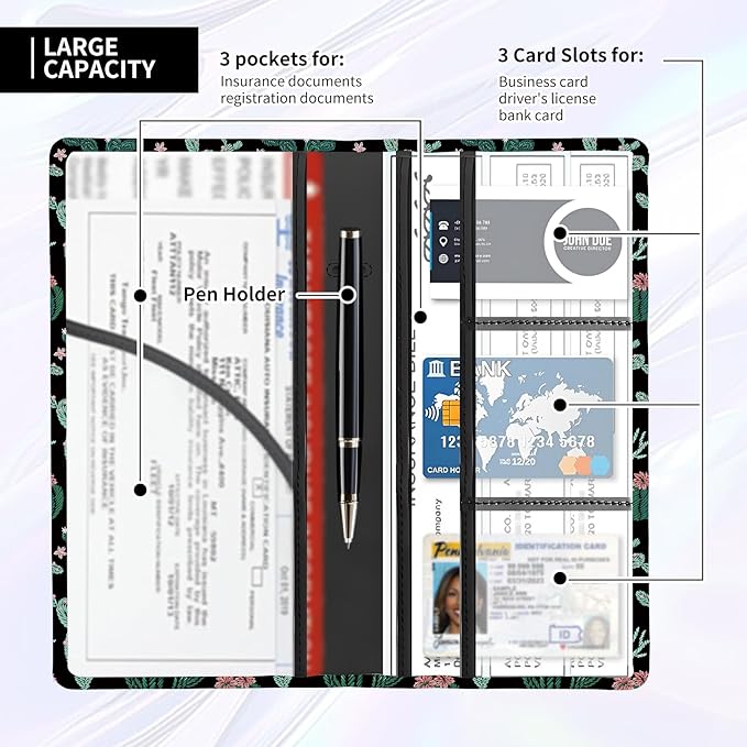 Leather Car Registration and Insurance Card Holder, Cute Car Accessories Vehicle Glove Box Car Organizer for Documents, Cards, License Cute Cactus