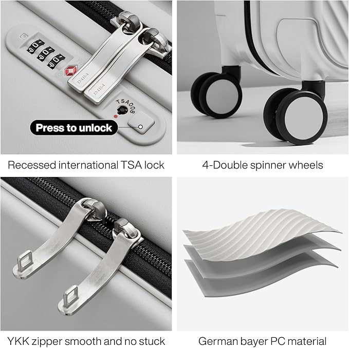 mixi Large Capacity Expandable Carry On Luggage Airline Approved 20'' Lightweight Luggage Wide Handle PC Hardshell Suitcases with Spinner Wheels & TSA Lock, Smoke White