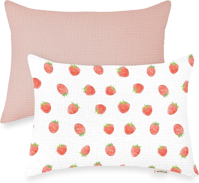 Toddler Pillowcases for 13"x18" Pillow 2 Pack, Muslin Small Toddler Baby Kids Travel Pillow Covers for Boys Girls with Envelope Closure (Strawberry & Pale Pink, 13 x 18 Inch)