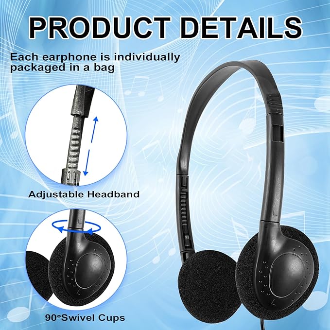 CN-Outlet 50 Packs Classroom Headphones Bulk for School Students Kids Children Toddler Boys Girls Teens and Adult, Wholesale Disposable Earphones (50 Black)