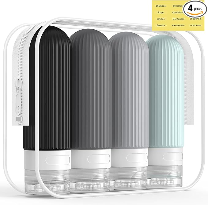 ME.FAN Travel Bottles for Toiletries, TSA Approved 3oz Silicone Journey Size Containers, Portable Split Bottle for Conditioner, Shampoo, Lotion- 4 Pack Grey