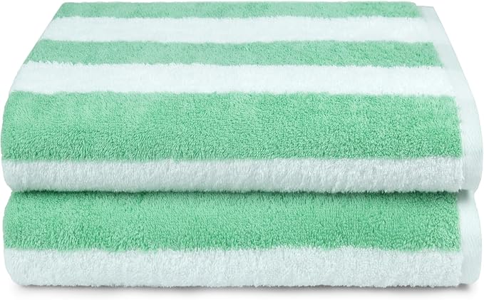 Amazon Basics 100% Cotton Terry Cabana Stripe Pool & Beach Towel, Soft & Absorbent, Quick Drying, Large, 2-Pack, Green, 30" x 60"